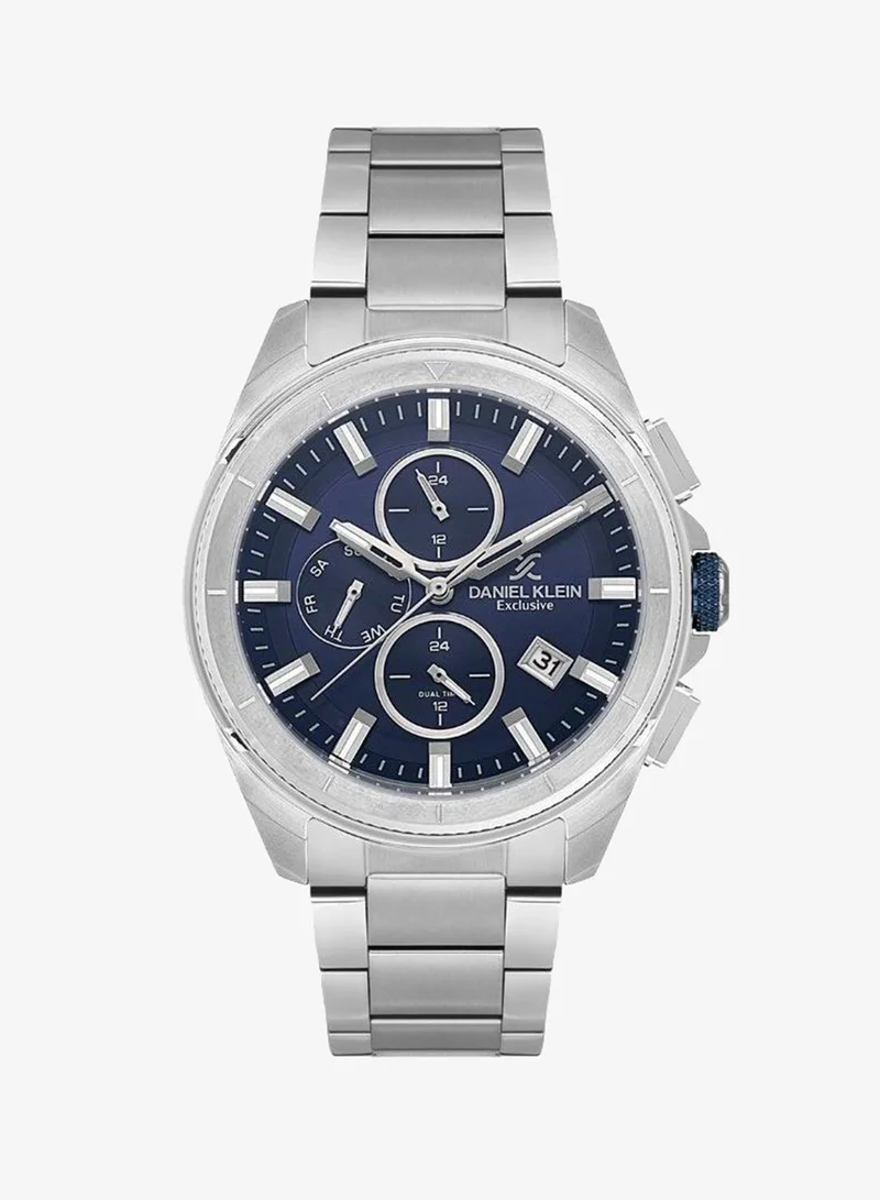 Daniel Klein Men's Stainless Steel Silver Alloy Case Analog Dark Blue Round Sunray Dial Japanese Quartz Exclusive 50 Meters Water Resistant