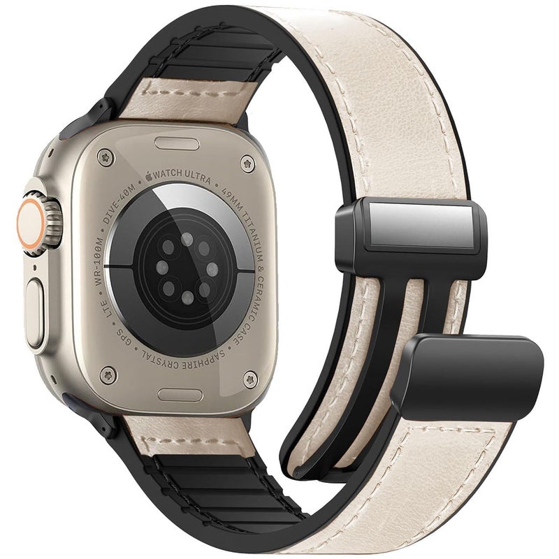 KASTWAVE White Leather Magnetic Strap Compatible with Apple Watch Ultra/Series 9/8/7 (44/45/49mm) – Stylish Replacement Band - Image 2