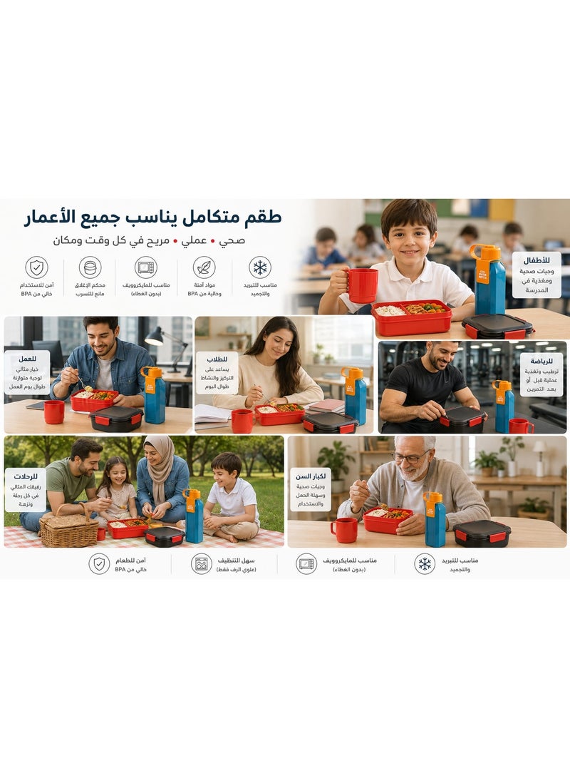 طقم غداء متكامل 3 قطع - لانش بوكس 1.6 لتر + زجاجة مياه 0.8 لتر + كوب مياه - مانع للتسرب وخالي من BPA - مناسب للعمل والمدرسة والرحلات - ألوان وأشكال متعددة - Image 2