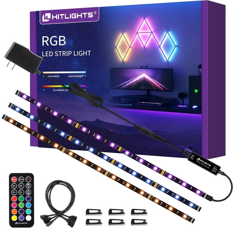 HitLights LED Strip Lights 3 Pcs 1.64FT RGB Small LED Light Strips Kit Dimmable RGB 5050 Color Changing Tape Lights TV Backlight Display Case Lights Shelves Lighting with RF Remote & UL-Listed Adapter - Image 1