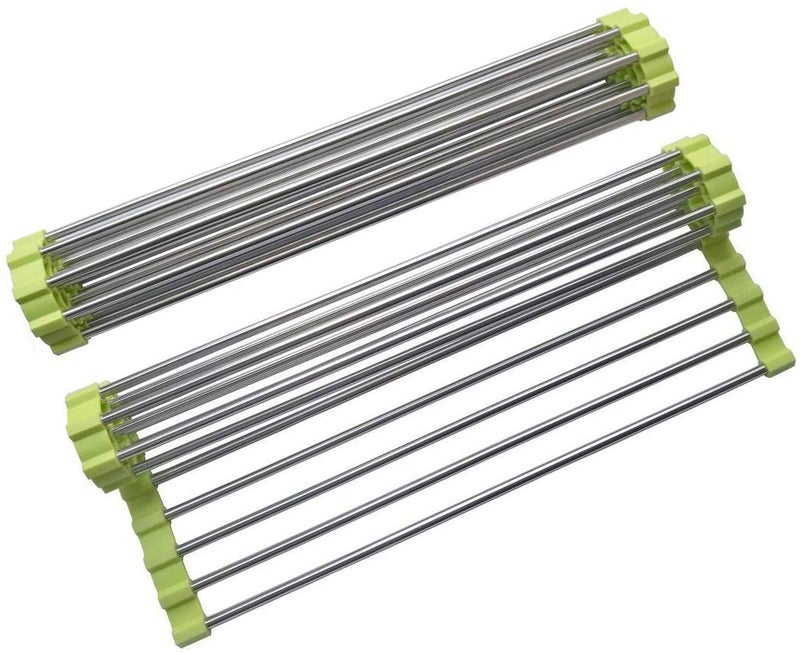 HomeAra Streamlined Kitchen Management Stainless Steel Rollup Dish Drying Rack Over The Sink Mat Featuring Adjustable Folding and Rolling Capabilities Pack 0f1 Green - Image 1