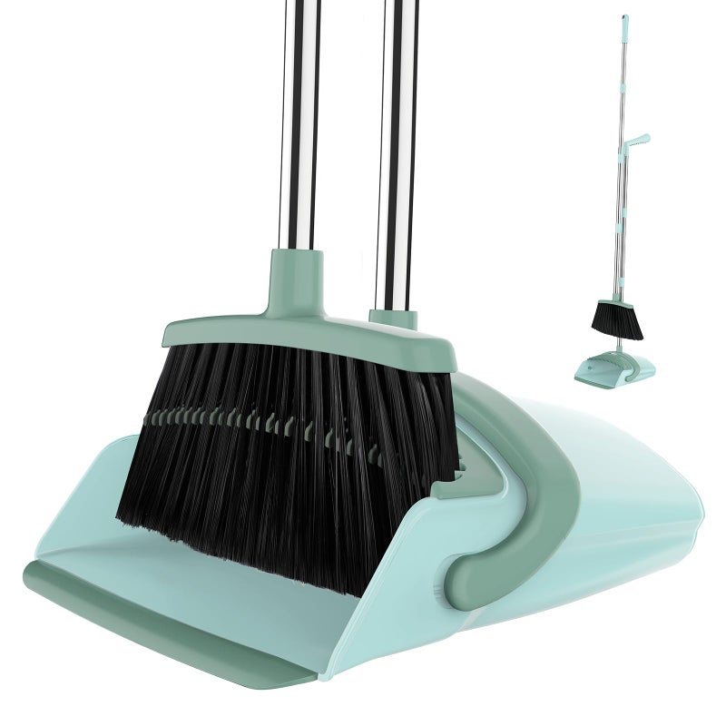 EZKEY Broom and Dustpan Set for Home, 51-in Long Adjustable Handle Angle Broom and Dustpan Combo Set with Dust Pan Teeth to Clean Hair for Home Kitchen Office Lobby Floor Garden, Green - Image 1
