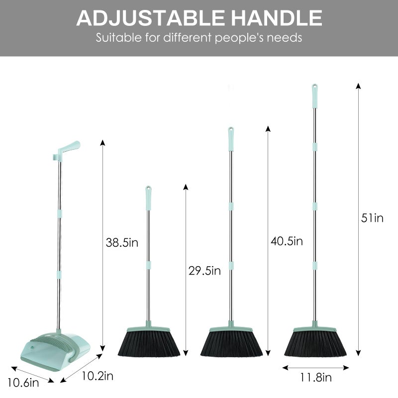 EZKEY Broom and Dustpan Set for Home, 51-in Long Adjustable Handle Angle Broom and Dustpan Combo Set with Dust Pan Teeth to Clean Hair for Home Kitchen Office Lobby Floor Garden, Green - Image 2