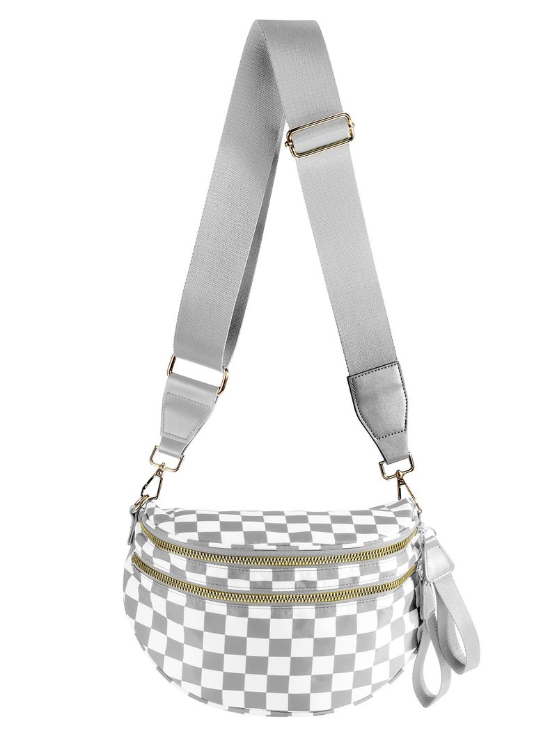 MEISEY Black and White Checkered Crossbody Bag Bum Bag for Women,Spacious Checkered Purse Fanny Packs Belt Bag (Light Grey Checkered) - Image 1