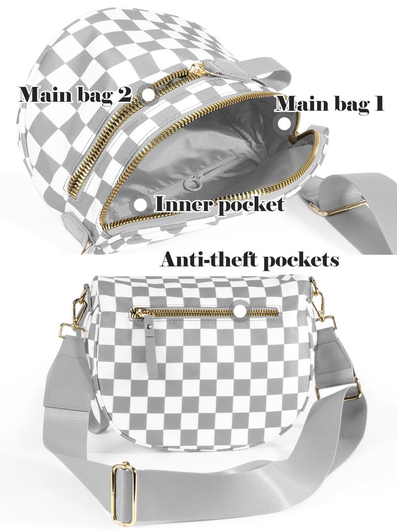 MEISEY Black and White Checkered Crossbody Bag Bum Bag for Women,Spacious Checkered Purse Fanny Packs Belt Bag (Light Grey Checkered) - Image 4