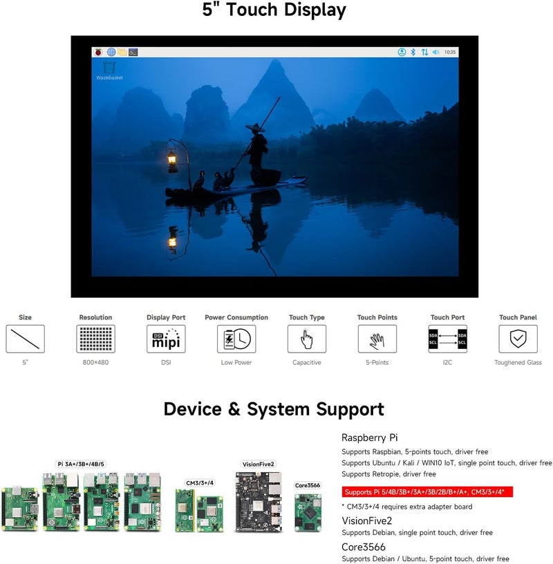 Waveshare 5inch Capacitive Touch Display Compatible with Raspberry Pi 5/4B/3B+/3A+/3B/2B/B+/A+/CM3/3+/4 800×480 Resolution DSI Interface - Image 3