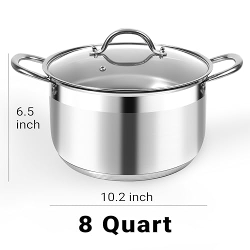Kirecoo Stainless Steel Stock Pot - 8 Quart Heavy Duty Induction Cooking Pot with Visible Lid for Pasta, Soup, Spaghetti, Nonstick Thick Bottom Big Stockpot, Deep Cookware for Canning, Boiling, Simmer - Image 2