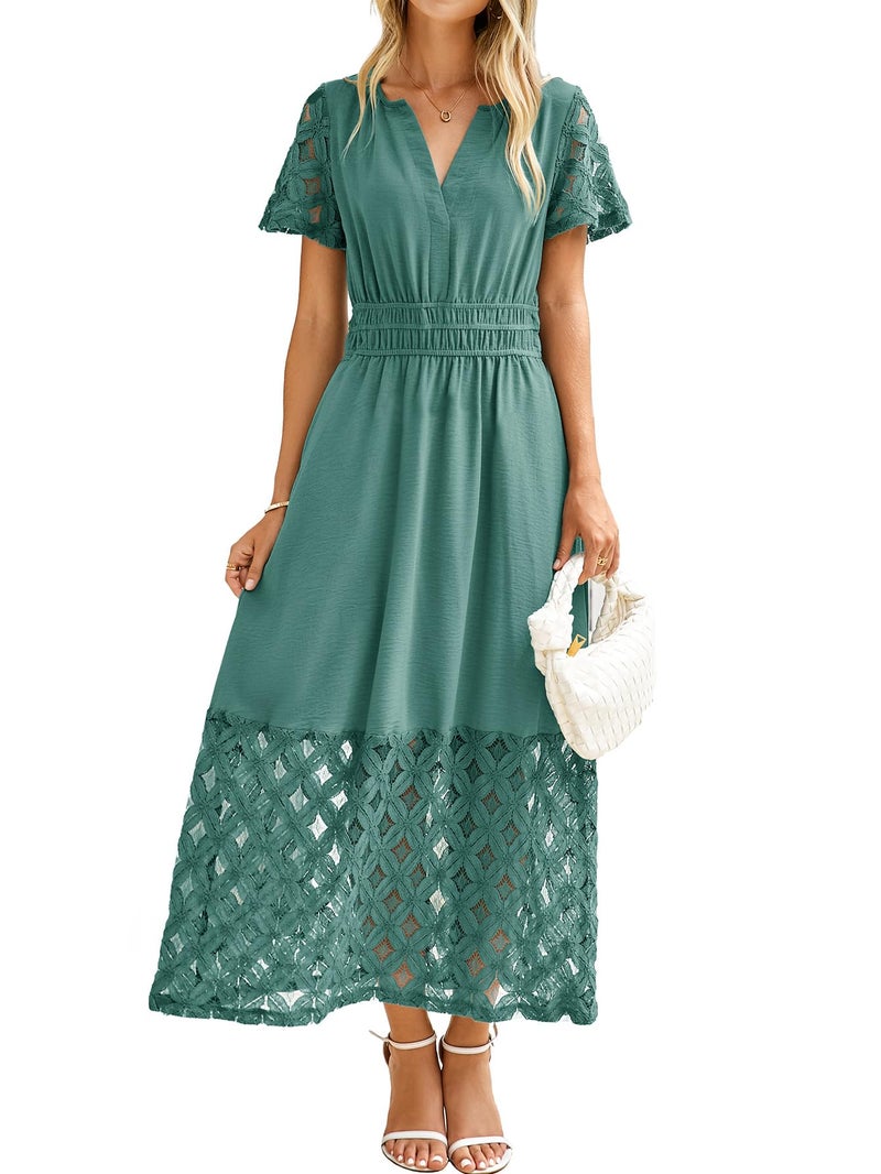 Simplee Apparel Simplee Womens Semi Formal Maxi Dress - Flowy V Neck Empire Waist Long Lace Boho Dresses for Summer Wedding Guest (Teal L) - Image 1
