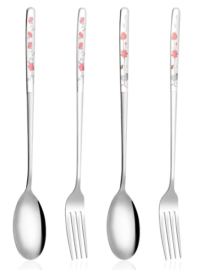 Aysatogc 4PCS Korean Forks and Spoons Set, Korean Utensil Set with Long Handles Salad Forks and Soup Spoons Stainless Steel Silverware sets for Coffee, Desserts Dishwasher Safe - Image 1