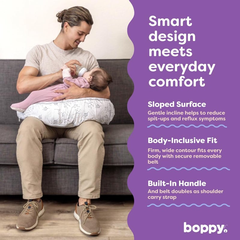Boppy Uplift Nursing Pillow - Wedge Bottle & Breastfeeding Pillow to Reduce Spit-Up and Reflux Symptoms, with Body-Inclusive Opening and Belt, Baby Safety Alliance Verified - Gray Gentle Leaves - Image 3