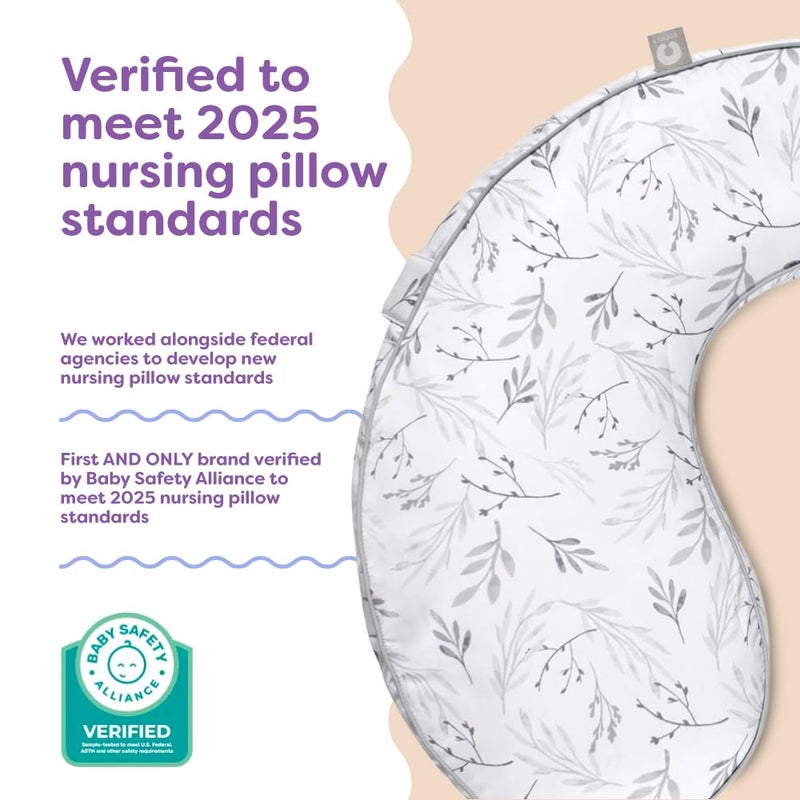 Boppy Uplift Nursing Pillow - Wedge Bottle & Breastfeeding Pillow to Reduce Spit-Up and Reflux Symptoms, with Body-Inclusive Opening and Belt, Baby Safety Alliance Verified - Gray Gentle Leaves - Image 4