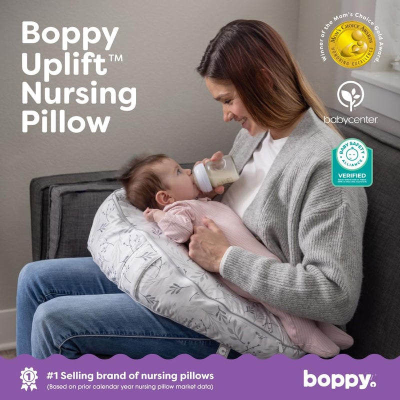 Boppy Uplift Nursing Pillow - Wedge Bottle & Breastfeeding Pillow to Reduce Spit-Up and Reflux Symptoms, with Body-Inclusive Opening and Belt, Baby Safety Alliance Verified - Gray Gentle Leaves - Image 2