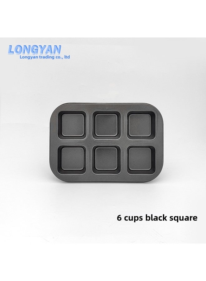 Cake Mold Non-stick 6-Piece 4-piece Cup Round Coated Baking Pan Flat Flower Donut Baking Pan Mold-Specifications:6 Cups Black Square - Image 1