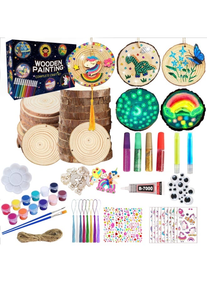 Daytoyz Wooden Painting DIY Kit for Kids, Night Light Wooden Slices Art Craft Set with Paints, Brushes, Glitter, Stickers & String | Children’s Drawing Toy for Creative Development - Image 1