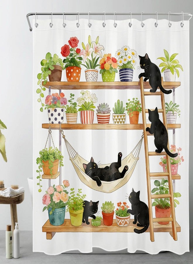 LB Boho Green Botanical Shower Curtain for Bathroom, Nature Plant Flower with Funny Black Cat Fabric Shower Curtain, Rustic Country Bathroom Shower Curtains Set with Hooks, 72x72 inches - Image 1