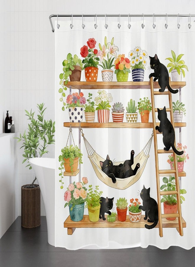LB Boho Green Botanical Shower Curtain for Bathroom, Nature Plant Flower with Funny Black Cat Fabric Shower Curtain, Rustic Country Bathroom Shower Curtains Set with Hooks, 72x72 inches - Image 5