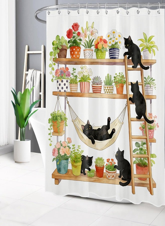 LB Boho Green Botanical Shower Curtain for Bathroom, Nature Plant Flower with Funny Black Cat Fabric Shower Curtain, Rustic Country Bathroom Shower Curtains Set with Hooks, 72x72 inches - Image 3