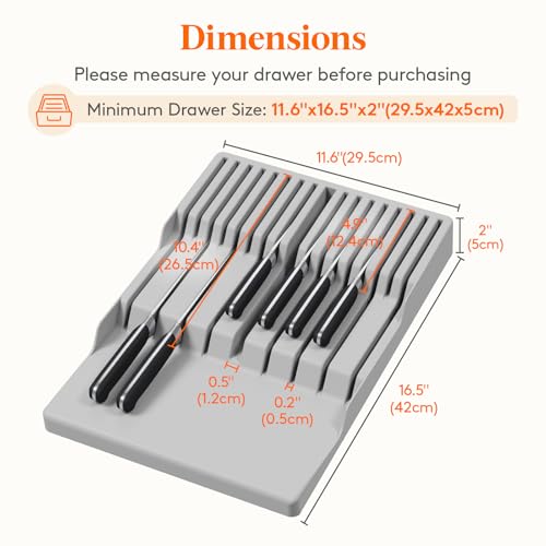 Lifewit Magnetic Drawer Knife Organizers Insert Kitchen Plastic In Drawer Knife Block Slots Steak Chefs Knives Holder Storage for 16 Knives and 1 Sharpening Steel Extra Large Gray 16542 cmW - Image 3