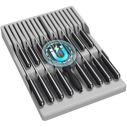 Lifewit Magnetic Drawer Knife Organizers Insert Kitchen Plastic In Drawer Knife Block Slots Steak Chefs Knives Holder Storage for 16 Knives and 1 Sharpening Steel Extra Large Gray 16542 cmW - Image 1