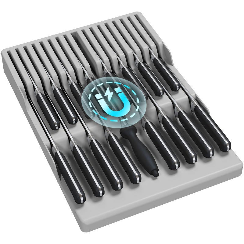 Lifewit Magnetic Drawer Knife Organizers Insert Kitchen Plastic In Drawer Knife Block Slots Steak Chefs Knives Holder Storage for 16 Knives and 1 Sharpening Steel Extra Large Gray 16542 cmW - Image 2