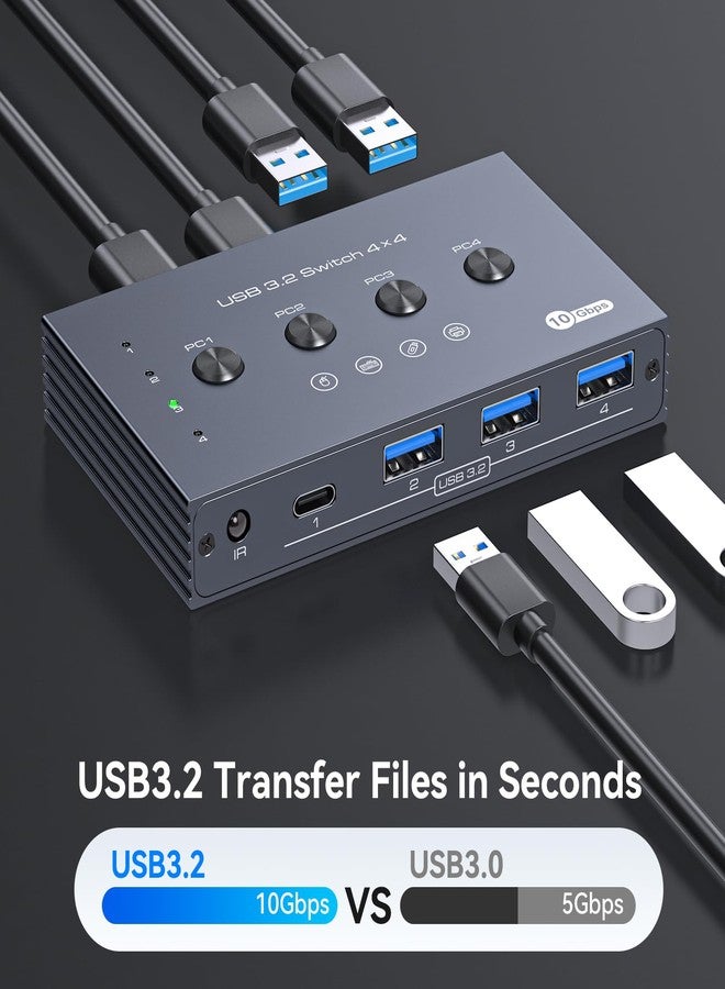 مفتاح تبديل USB 3.2 لأربعة أجهزة كمبيوتر، يتيح مشاركة منفذ USB-C واحد وثلاثة منافذ USB-A بسرعة 10 جيجابت في الثانية، مع إمكانية مشاركة لوحة المفاتيح والماوس والطابعة والماسح الضوئي، بالإضافة إلى 4 كابلات USB 3.0 وجهاز تحكم عن بعد ومحول USB-C إلى USB-A. - Image 4