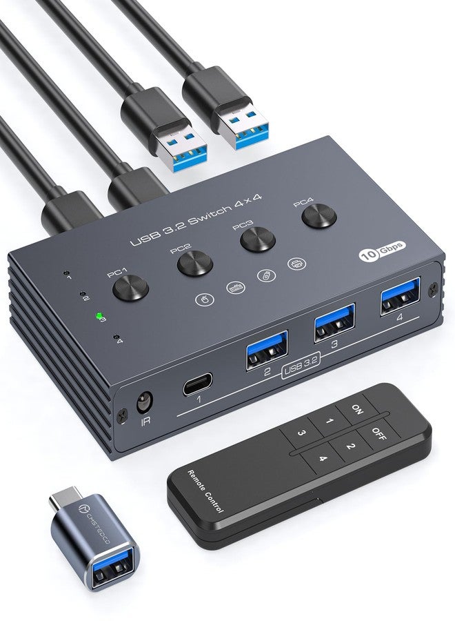 مفتاح تبديل USB 3.2 لأربعة أجهزة كمبيوتر، يتيح مشاركة منفذ USB-C واحد وثلاثة منافذ USB-A بسرعة 10 جيجابت في الثانية، مع إمكانية مشاركة لوحة المفاتيح والماوس والطابعة والماسح الضوئي، بالإضافة إلى 4 كابلات USB 3.0 وجهاز تحكم عن بعد ومحول USB-C إلى USB-A. - Image 1
