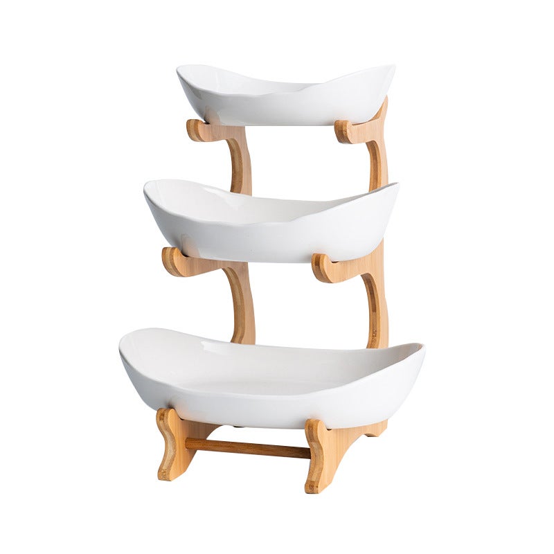 Creative Three-Layer Multi-Layer Fruit Plate European-Style Ceramic Dried Fruit Plate Bamboo Rack Household Sushi Plate Fruit Basket - Image 1