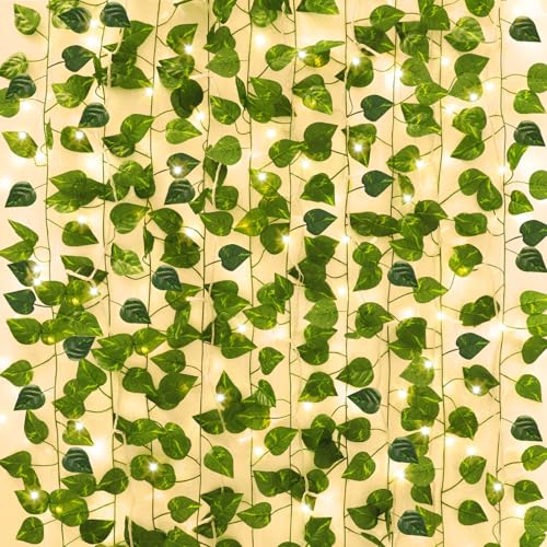 CEWOR 14 Pack 98ft Fake Ivy Vines Artificial Ivy Garland with 100 LED String Lights Hanging Plants Greenery Backdrop Green Leaves for Bedroom Room Wall Decor Wedding Party Table Decoration