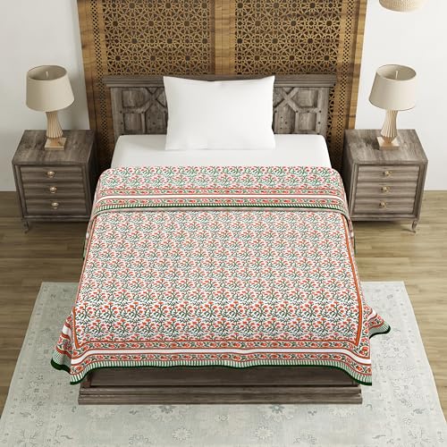 BLOCKS OF INDIA Hand Block Printed Cotton Single Size Reversible Malma Dohar for Summer (Red Green Jaal, 200 Tc) - Image 2