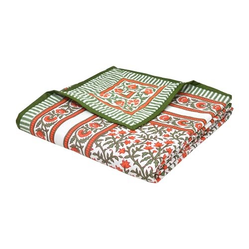 BLOCKS OF INDIA Hand Block Printed Cotton Single Size Reversible Malma Dohar for Summer (Red Green Jaal, 200 Tc) - Image 1