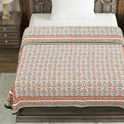 BLOCKS OF INDIA Hand Block Printed Cotton Single Size Reversible Malma Dohar for Summer (Red Green Jaal, 200 Tc) - Image 4