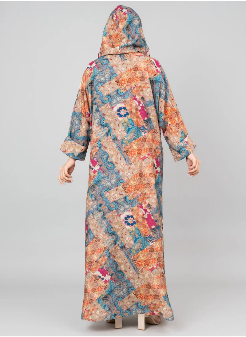 IKKXA Pattern Printed Hooded Jalabiya IK1020 Blue