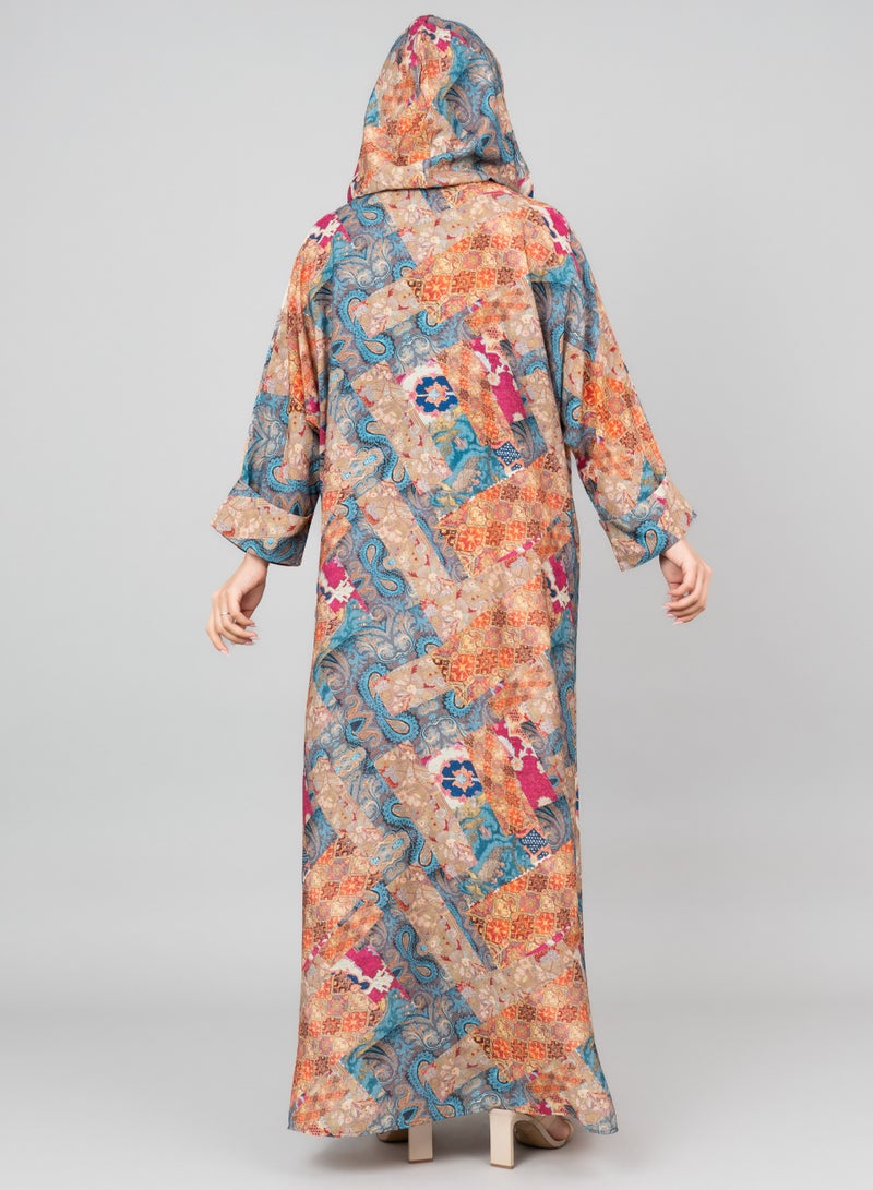 IKKXA Pattern Printed Hooded Jalabiya IK1020 Blue - Image 2