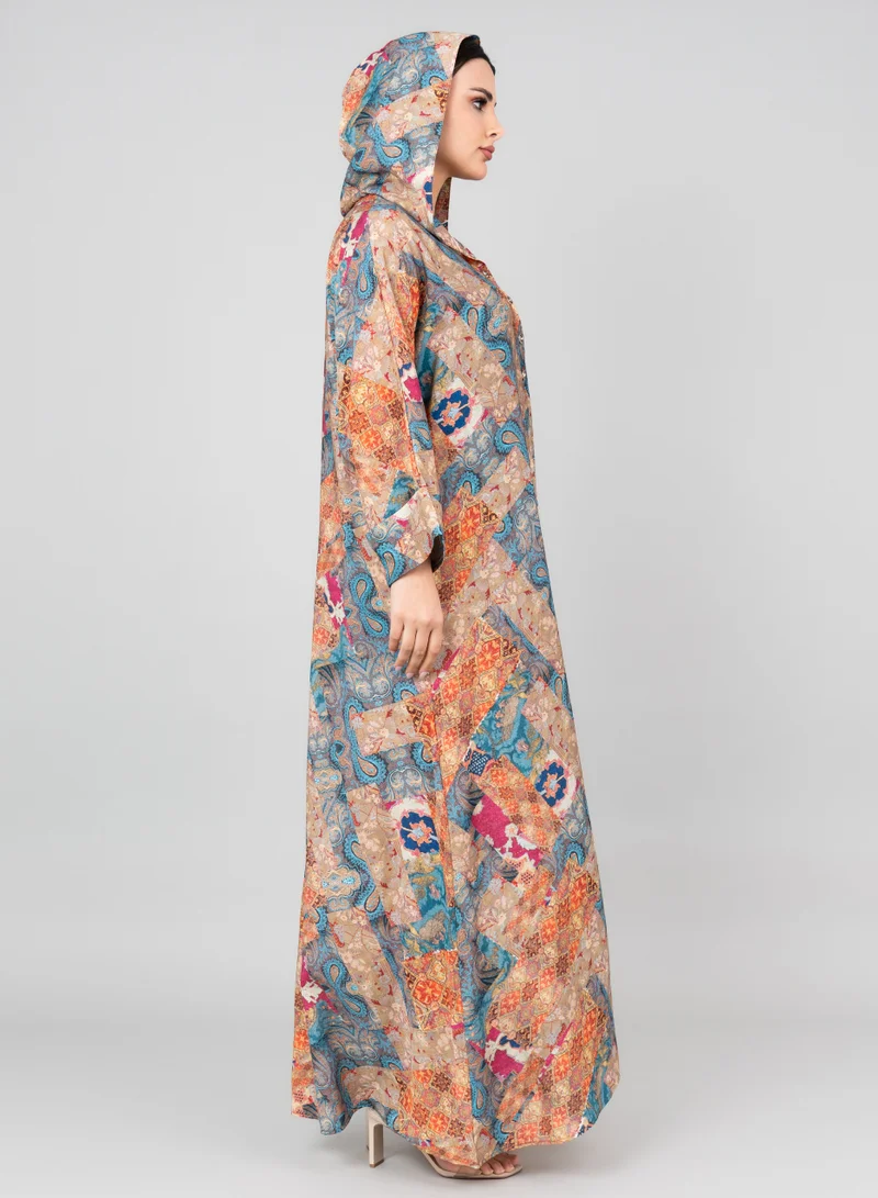 IKKXA Pattern Printed Hooded Jalabiya IK1020 Blue