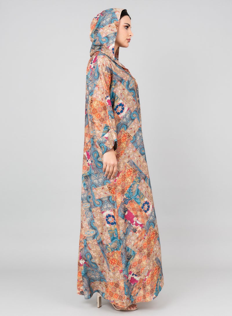 IKKXA Pattern Printed Hooded Jalabiya IK1020 Blue - Image 3