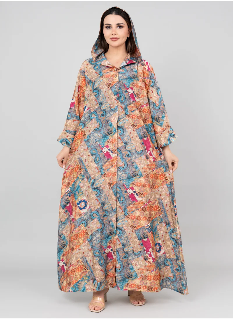 IKKXA Pattern Printed Hooded Jalabiya IK1020 Blue