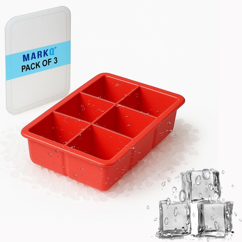 MARKQ Silicone Ice Cube Tray 6 Portions – Flexible Food-Grade Ice Mold for Freezer | Easy Release BPA-Free Ice Maker Tray for Water, Juice, Chocolate, Desserts & Baby Food, Red, Pack of 3 - Image 1