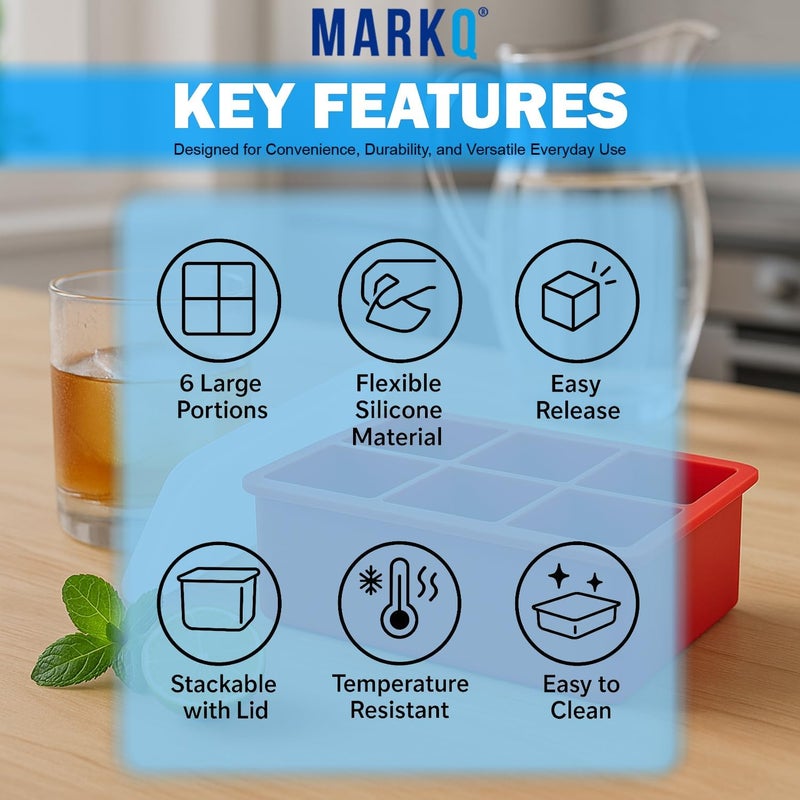 MARKQ Silicone Ice Cube Tray 6 Portions – Flexible Food-Grade Ice Mold for Freezer | Easy Release BPA-Free Ice Maker Tray for Water, Juice, Chocolate, Desserts & Baby Food, Red, Pack of 3 - Image 3