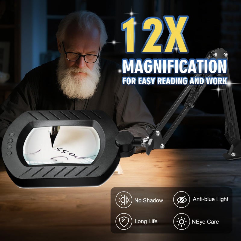 Toolastra 12X Square Magnifying Glass with Light and Stand with 144 LEDs Brightiness, 5 Color Modes Hands Free Lighted Magnifying Glass, 10 Dimmable Brightness Magnifying Desk Lamp for Close Work Craft Reading - Image 3