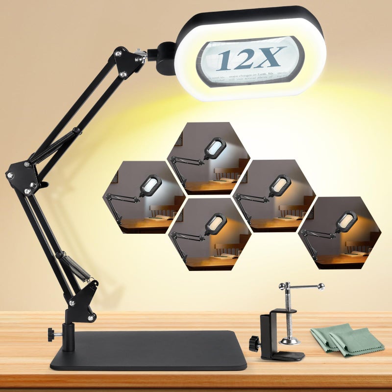 Toolastra 12X Square Magnifying Glass with Light and Stand with 144 LEDs Brightiness, 5 Color Modes Hands Free Lighted Magnifying Glass, 10 Dimmable Brightness Magnifying Desk Lamp for Close Work Craft Reading - Image 1