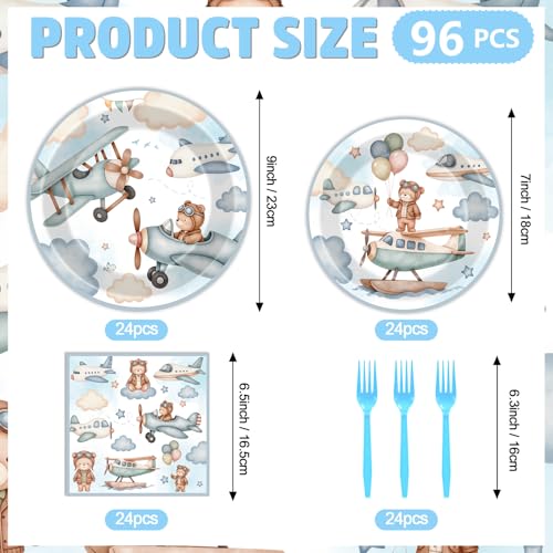 Hokinaa Airplane Baby Shower Decorations - 96 Pcs Blue Bear Plane Gender Reveal Party Supplies, Disposable Paper Plates Napkins Forks Tableware Set, Airplane Theme Birthday Party Decor for Kids Boys - Image 3