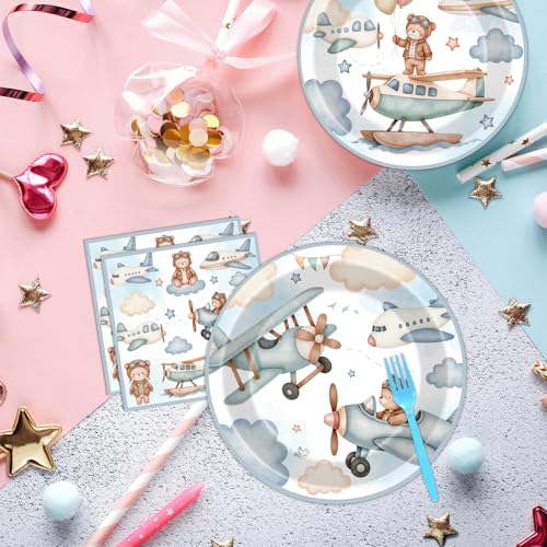 Hokinaa Airplane Baby Shower Decorations - 96 Pcs Blue Bear Plane Gender Reveal Party Supplies, Disposable Paper Plates Napkins Forks Tableware Set, Airplane Theme Birthday Party Decor for Kids Boys - Image 2