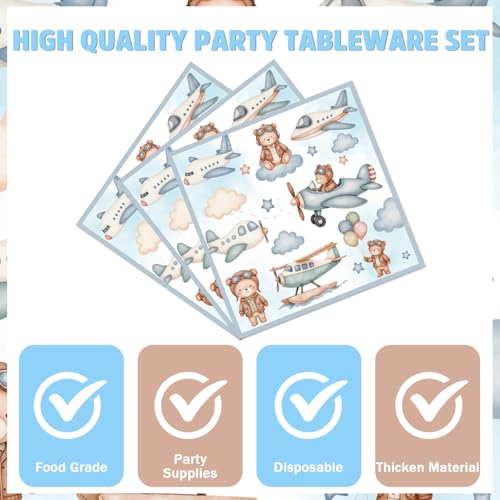 Hokinaa Airplane Baby Shower Decorations - 96 Pcs Blue Bear Plane Gender Reveal Party Supplies, Disposable Paper Plates Napkins Forks Tableware Set, Airplane Theme Birthday Party Decor for Kids Boys - Image 5