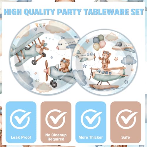 Hokinaa Airplane Baby Shower Decorations - 96 Pcs Blue Bear Plane Gender Reveal Party Supplies, Disposable Paper Plates Napkins Forks Tableware Set, Airplane Theme Birthday Party Decor for Kids Boys - Image 4