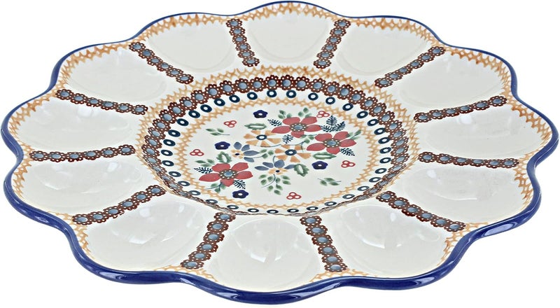 Blue Rose Pottery Blue Rose Polish Pottery Red Daisy Egg Plate - Image 1