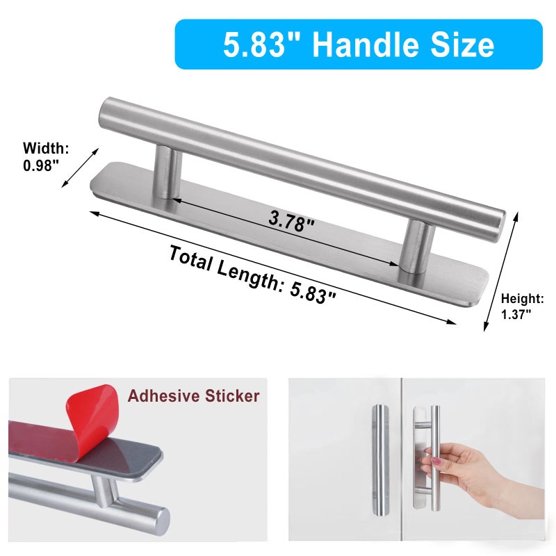 Young Dance Self-Stick Instant Cabinet Drawer Pulls - 6" Stainless Steel Drawer Push Pull Handles Helper with Adhesive Door Handle for Kitchen Wardrobe Drawers Window Sliding Closet (2Pack, Silver) - Image 2