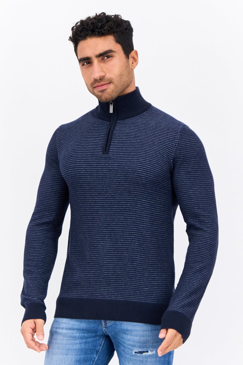 PERRY ELLIS سويت شيرت رجالي بأكمام طويلة وياقة مزيفة، مخطط دقيق، أزرق داكن - Image 1