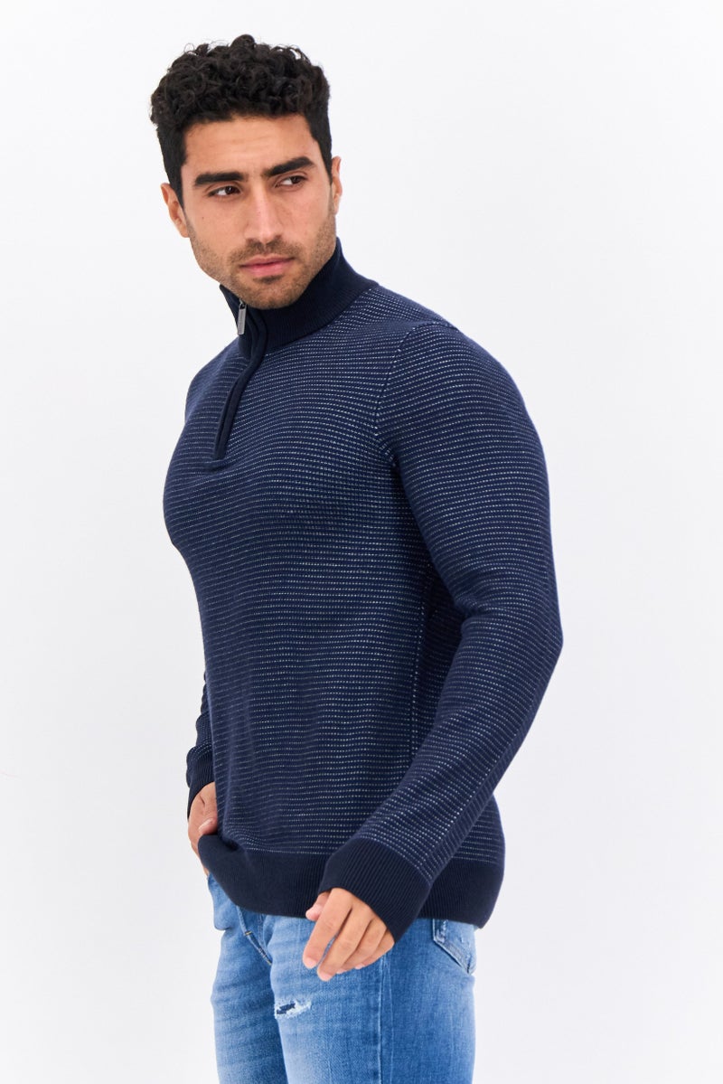 PERRY ELLIS سويت شيرت رجالي بأكمام طويلة وياقة مزيفة، مخطط دقيق، أزرق داكن - Image 2