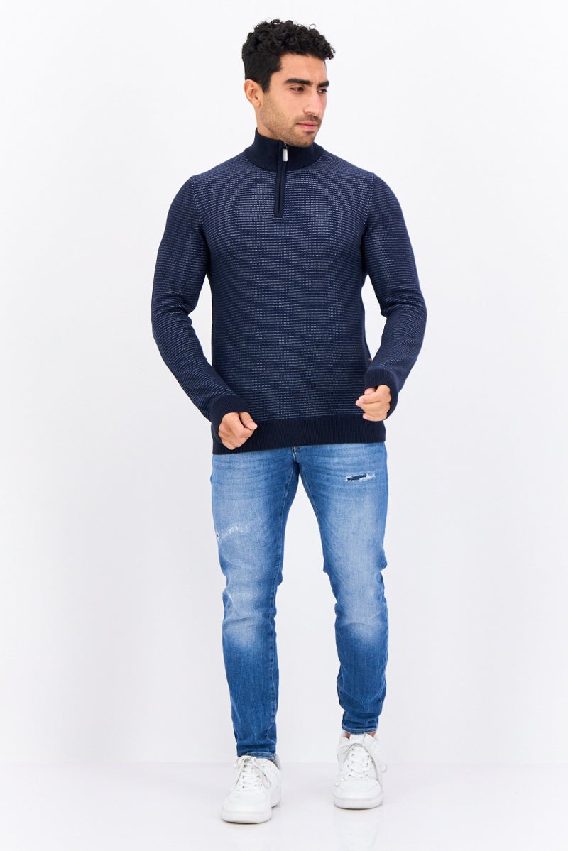 PERRY ELLIS سويت شيرت رجالي بأكمام طويلة وياقة مزيفة، مخطط دقيق، أزرق داكن - Image 4