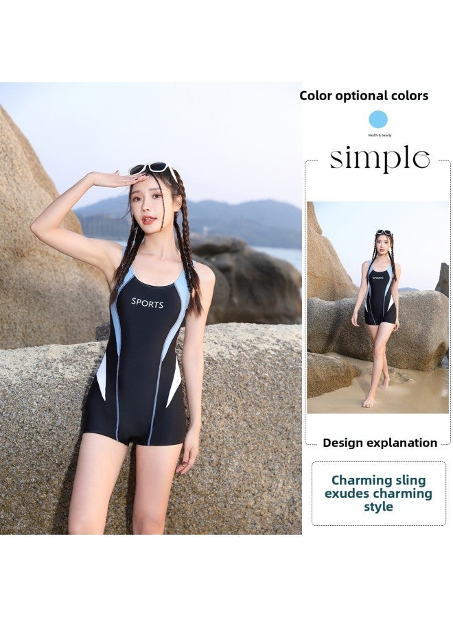 Conjoined Plus Size Boxer Professional Swimsuit Student Racing Swimming Pool Swimsuit Ladies Conservative Swimsuit-Color:Black Blue-